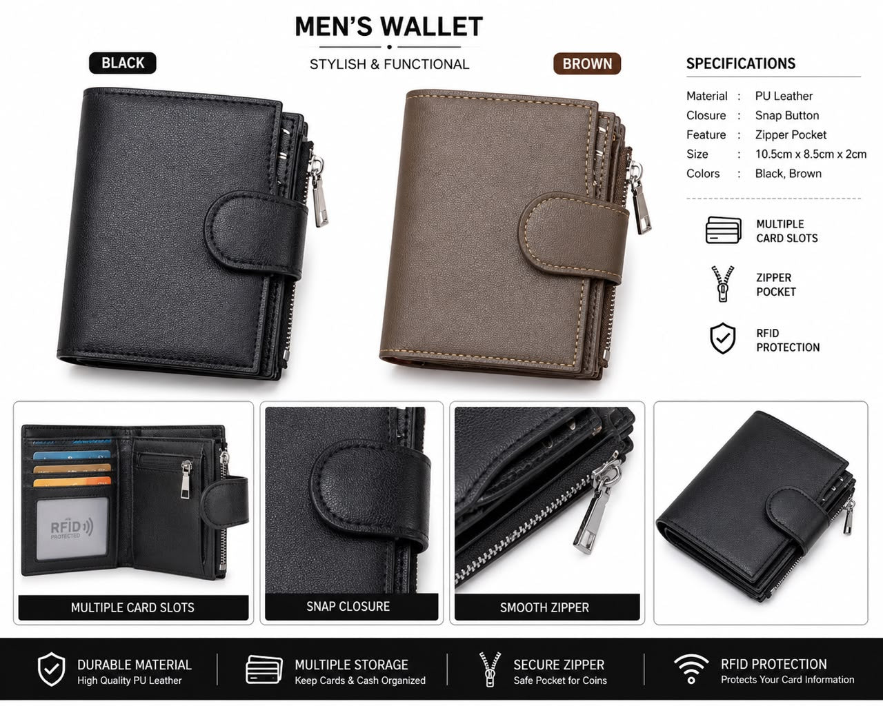 Men's RFID Blocking PU Leather Wallet with Zipper Coin Pocket & Multiple Card Slots